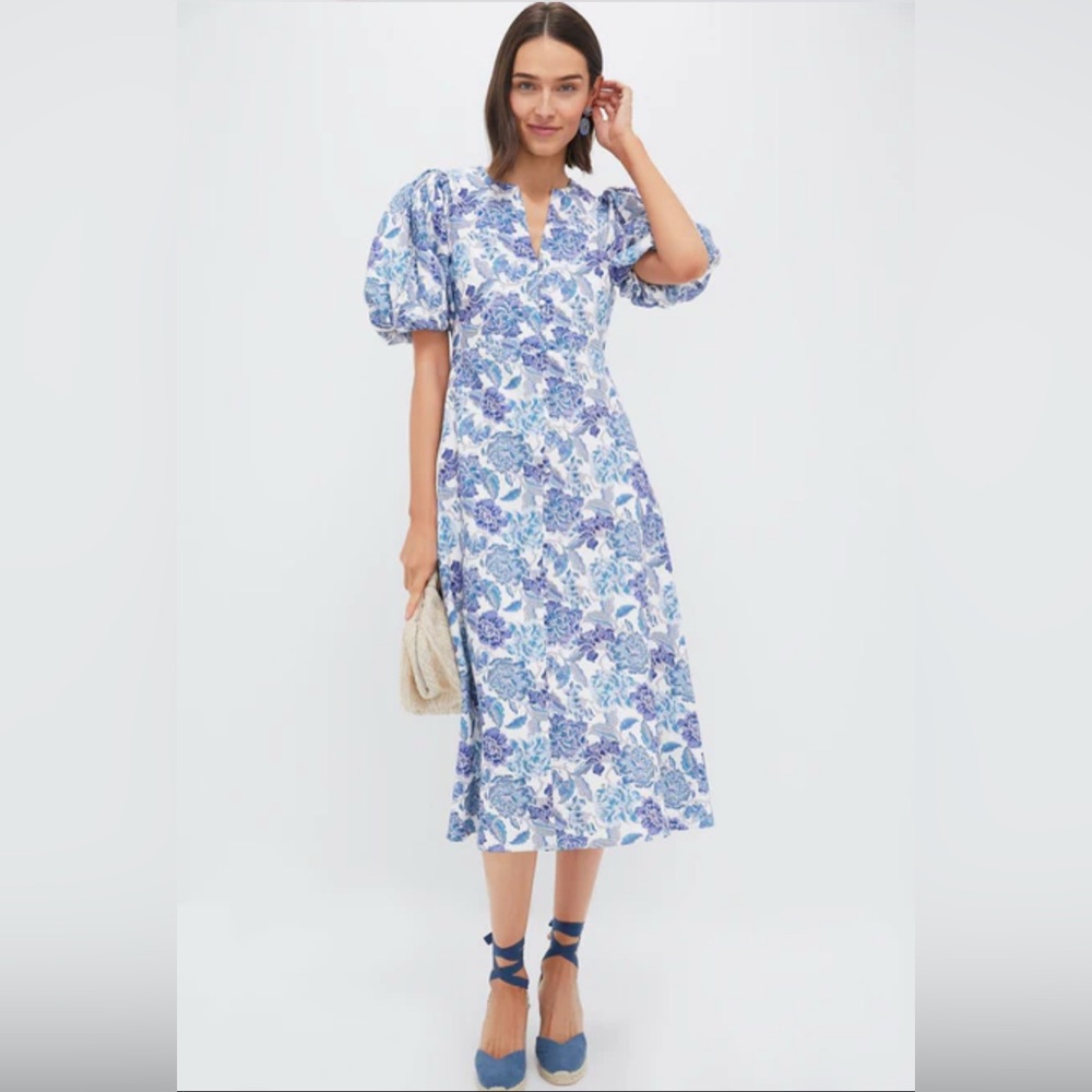 Tuckernuck Blue Floral Brody Midi Dress Puff Sleeves w/hidden elastic - SIZE XXL